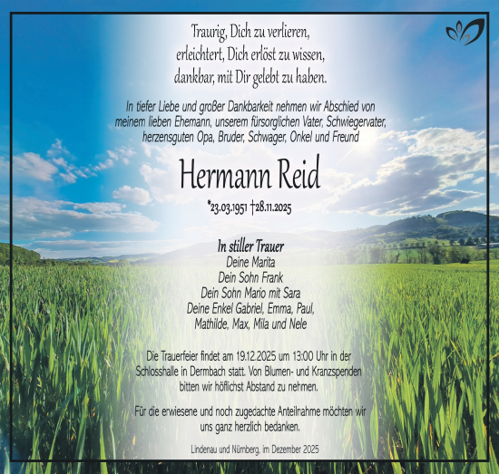Traueranzeige von Hermann Reid von Südthüringer Presse