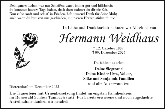 Traueranzeige von Hermann Weidhaus von Neue Presse Coburg