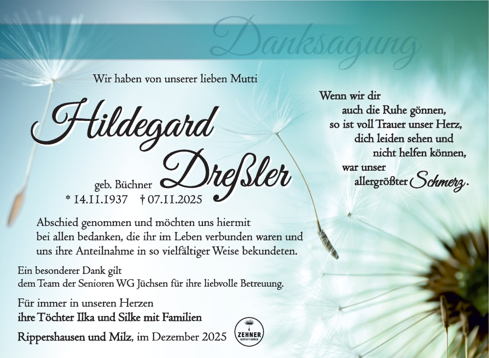  Traueranzeige für Hildegard Dreßler vom 06.12.2025 aus Südthüringer Presse