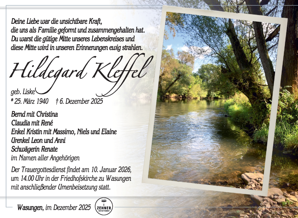  Traueranzeige für Hildegard Kleffel vom 20.12.2025 aus Südthüringer Presse