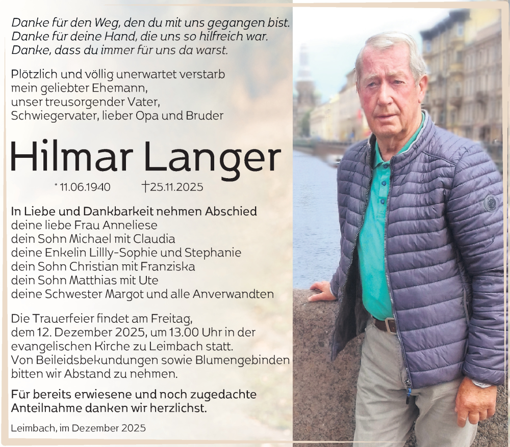  Traueranzeige für Hilmar Langer vom 06.12.2025 aus Südthüringer Presse