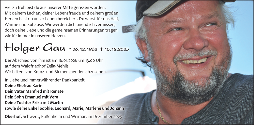  Traueranzeige für Holger Gau vom 27.12.2025 aus Südthüringer Presse
