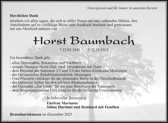 Traueranzeige von Horst Baumbach von Südthüringer Presse