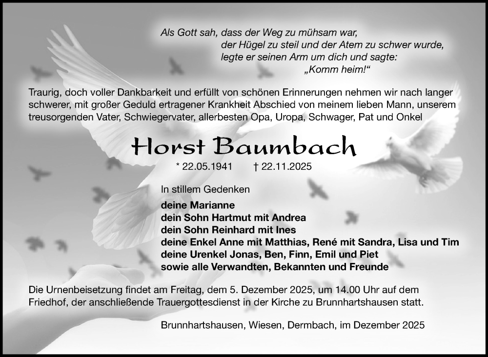  Traueranzeige für Horst Baumbach vom 02.12.2025 aus Südthüringer Presse