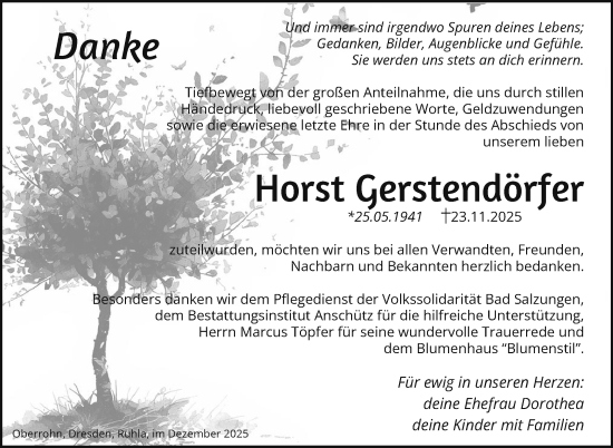 Traueranzeige von Horst Gerstendörfer von Südthüringer Presse