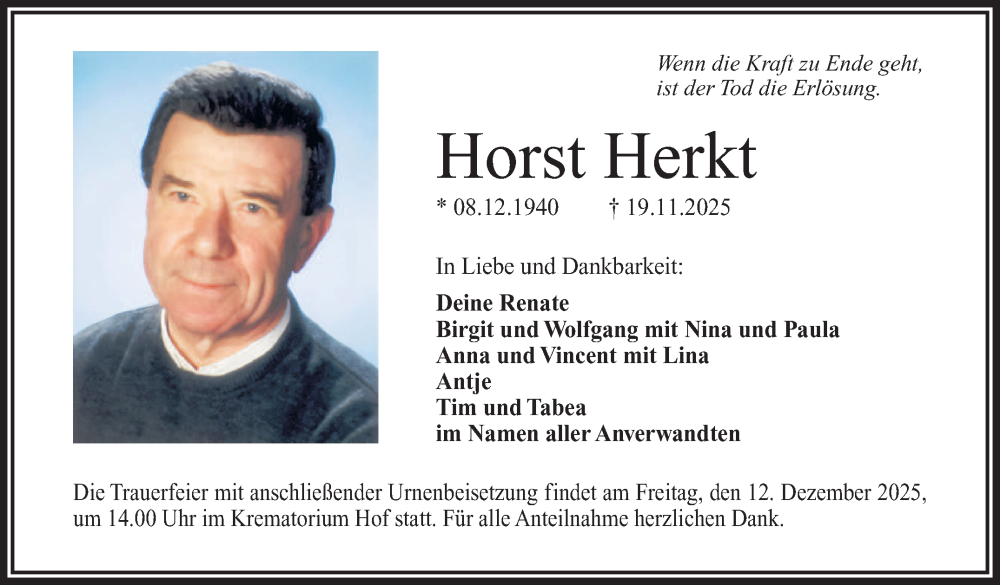  Traueranzeige für Horst Herkt vom 06.12.2025 aus Frankenpost