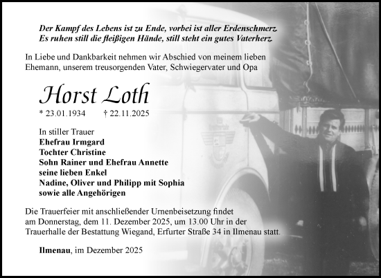 Traueranzeige von Horst Loth von Südthüringer Presse