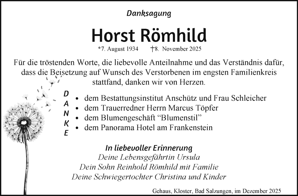  Traueranzeige für Horst Römhild vom 20.12.2025 aus Südthüringer Presse