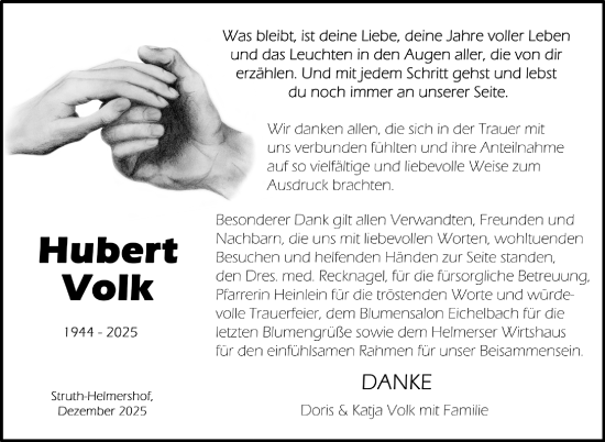 Traueranzeige von Hubert Volk von Südthüringer Presse