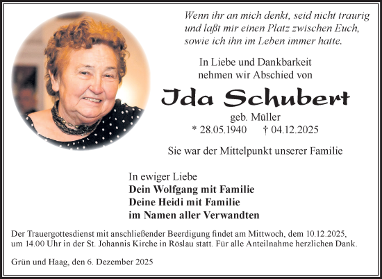 Traueranzeige von Ida Schubert von Frankenpost