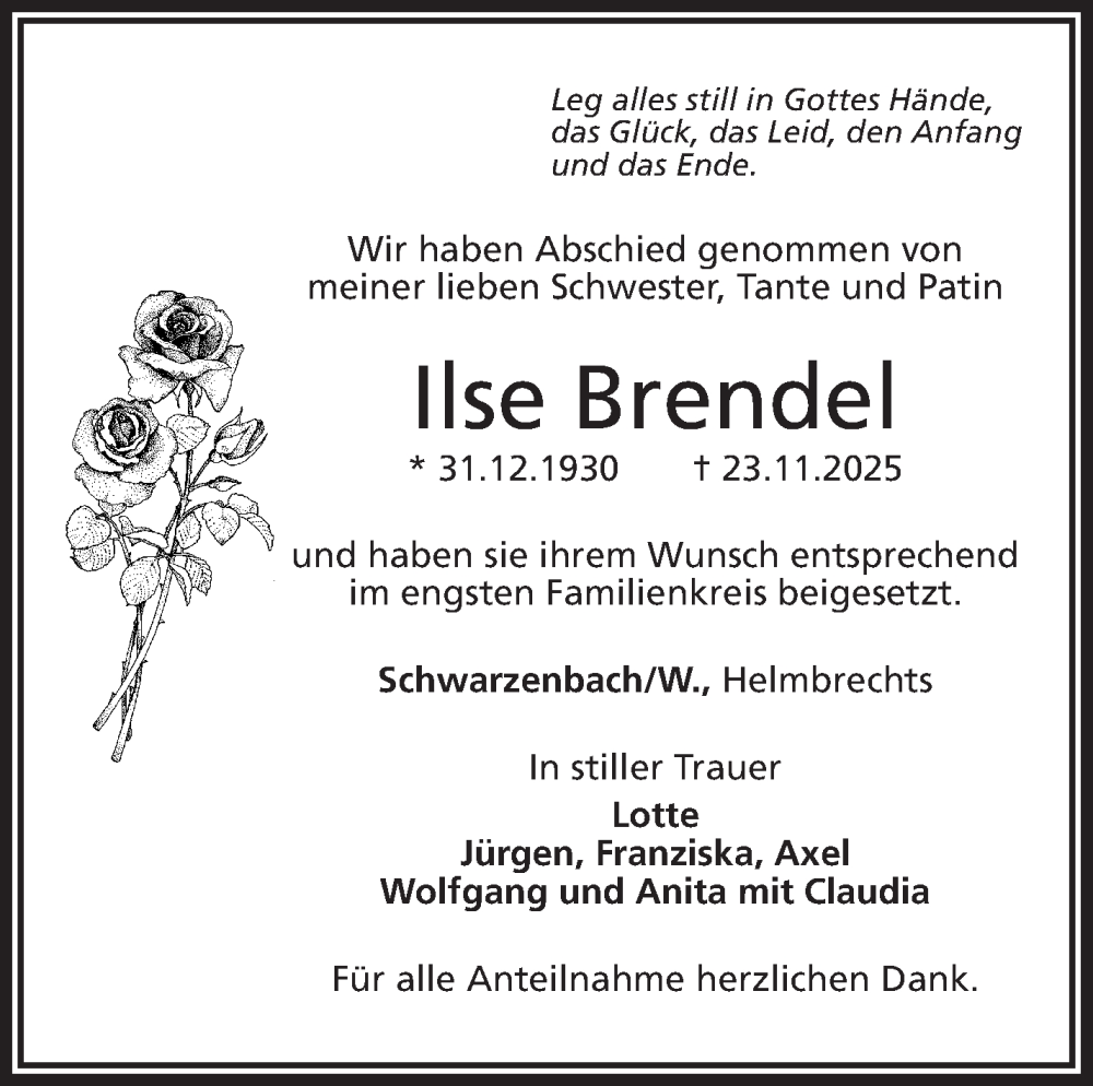  Traueranzeige für Ilse Brendel vom 13.12.2025 aus Frankenpost