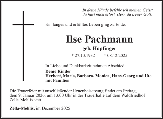 Traueranzeige von Ilse Pachmann von Südthüringer Presse