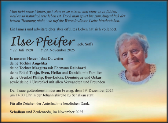 Traueranzeige von Ilse Pfeifer von Südthüringer Presse