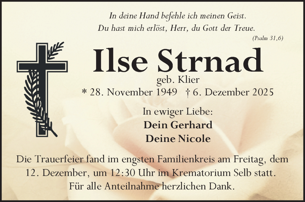  Traueranzeige für Ilse Strnad vom 20.12.2025 aus Frankenpost