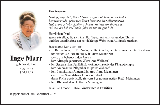 Traueranzeige von Inge Marr von Südthüringer Presse