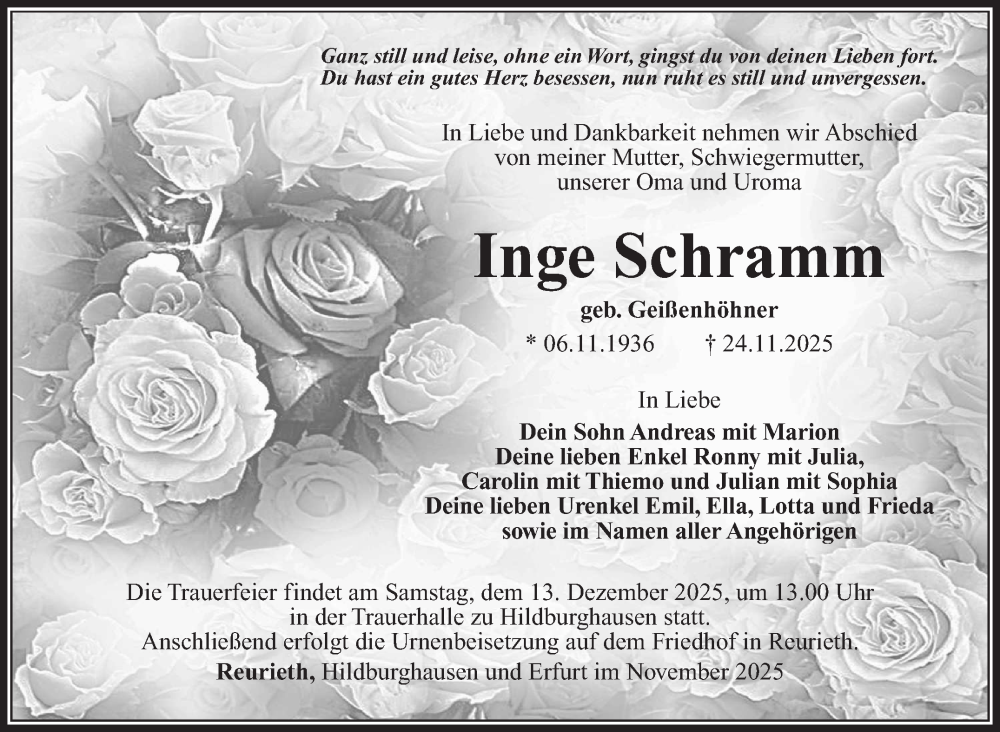  Traueranzeige für Inge Schramm vom 06.12.2025 aus Südthüringer Presse