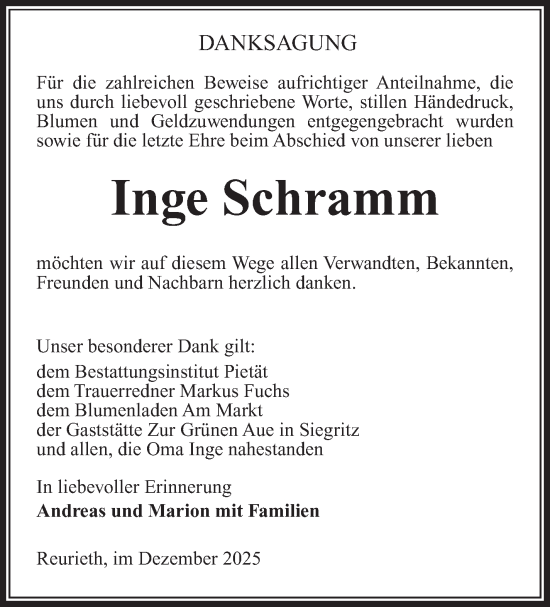 Traueranzeige von Inge Schramm von Südthüringer Presse
