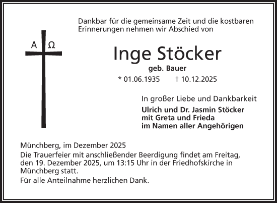 Traueranzeige von Inge Stöcker von Frankenpost