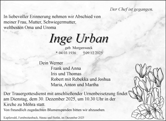 Traueranzeige von Inge Urban von Südthüringer Presse