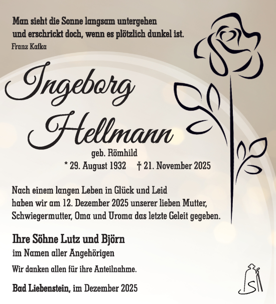 Traueranzeige von Ingeborg Hellmann von Südthüringer Presse