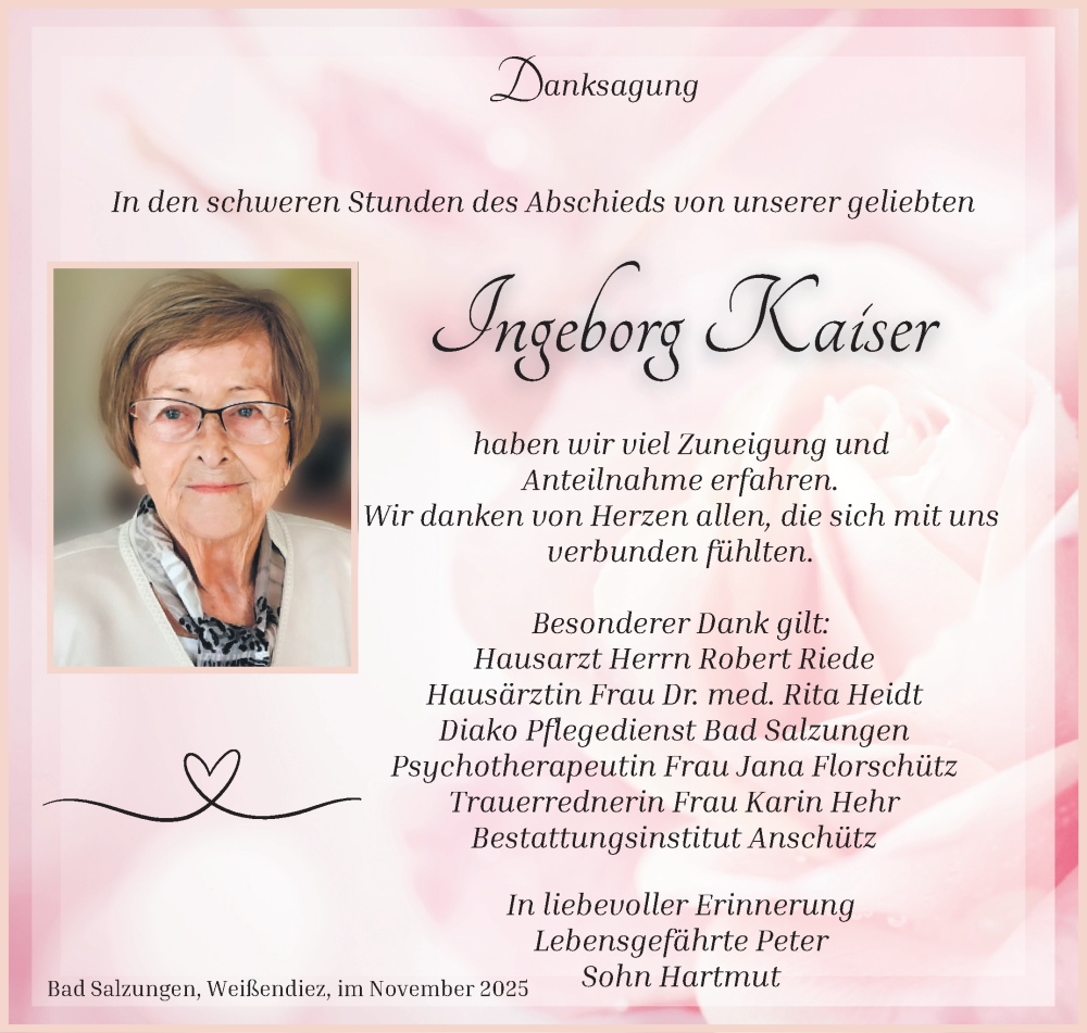  Traueranzeige für Ingeborg Kaiser vom 13.12.2025 aus Südthüringer Presse