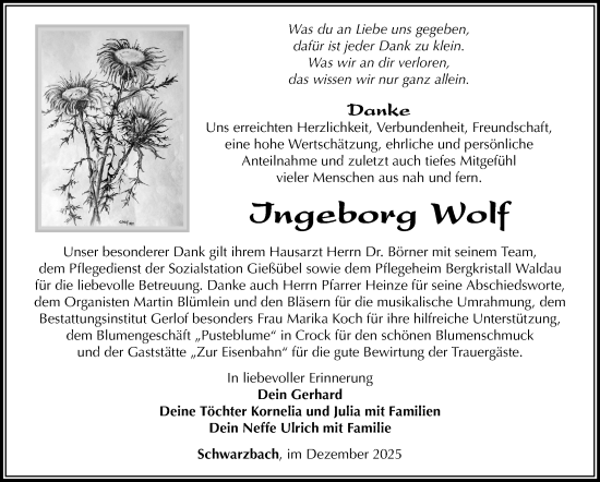 Traueranzeige von Ingeborg Wolf von Südthüringer Presse