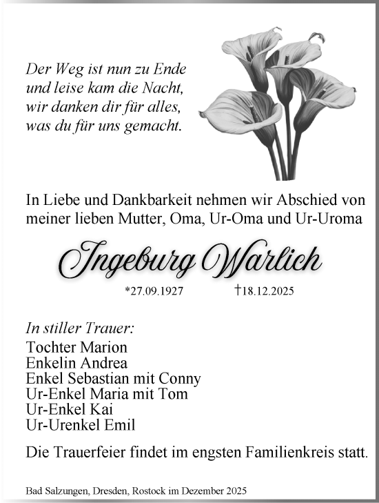 Traueranzeige von Ingeburg Warlich von Südthüringer Presse