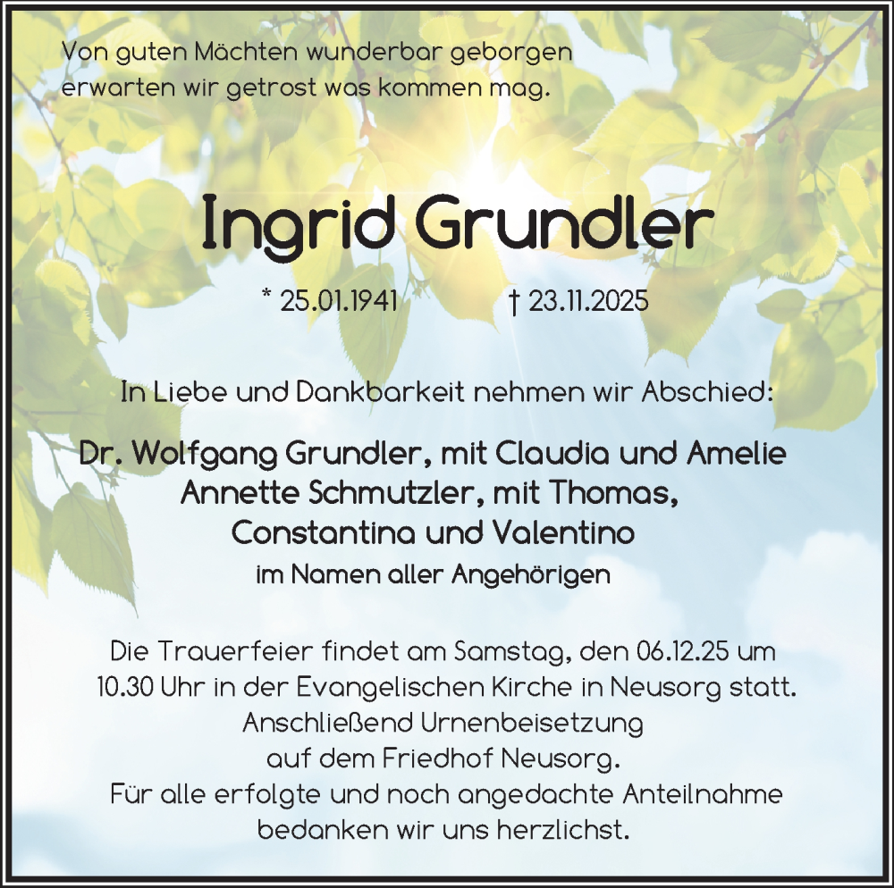  Traueranzeige für Ingrid Grundler vom 03.12.2025 aus Frankenpost