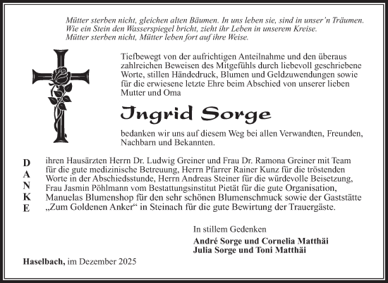 Traueranzeige von Ingrid Sorge von Südthüringer Presse