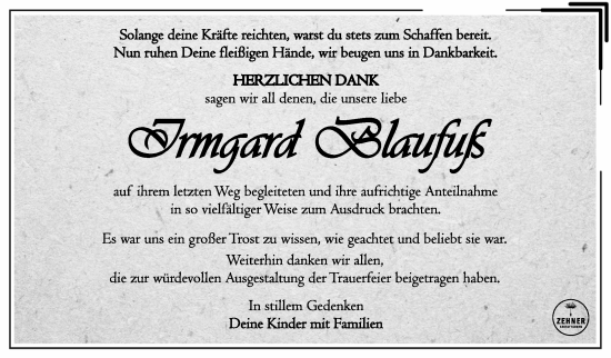 Traueranzeige von Irmgard Blaufuß von Südthüringer Presse
