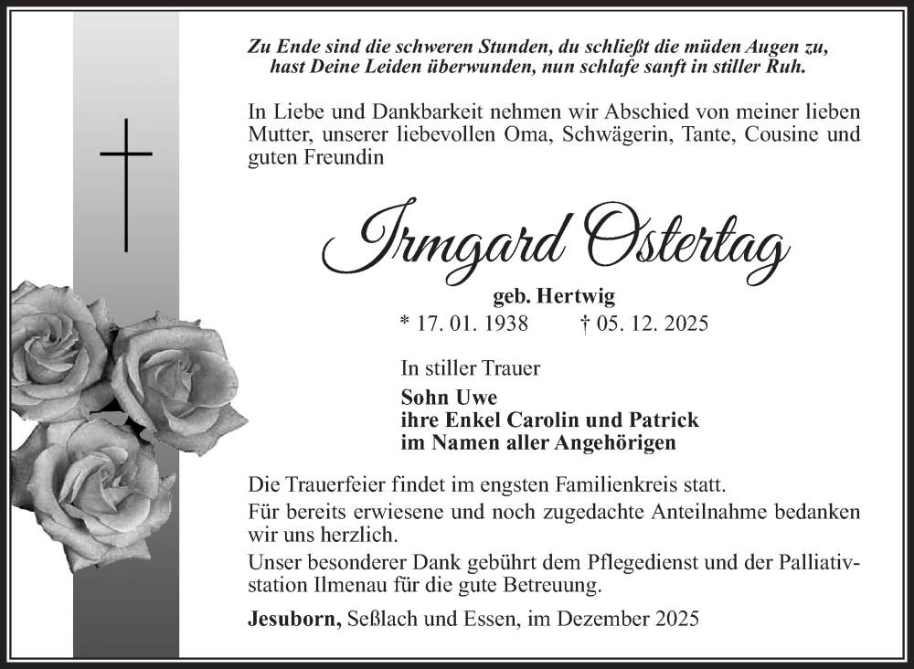  Traueranzeige für Irmgard Ostertag vom 20.12.2025 aus Südthüringer Presse