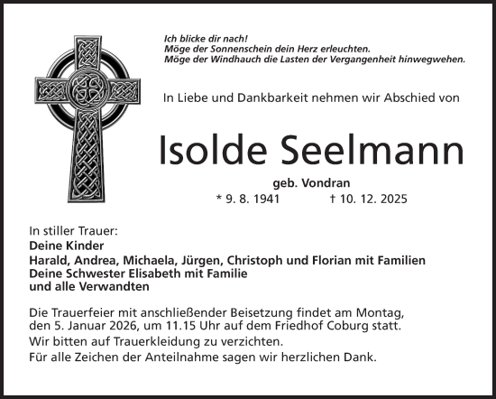 Traueranzeige von Isolde Seelmann von Neue Presse Coburg