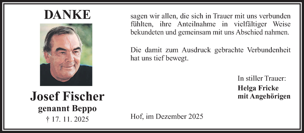  Traueranzeige für Josef Fischer vom 06.12.2025 aus Frankenpost