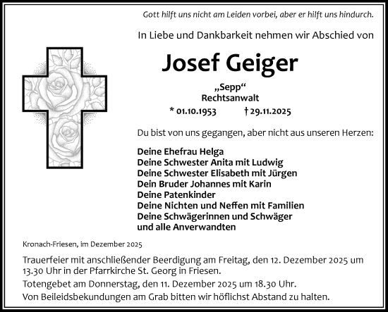 Traueranzeige von Josef Geiger von Neue Presse Coburg