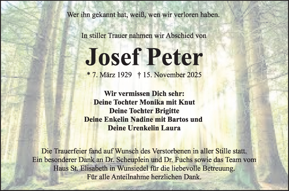  Traueranzeige für Josef Peter vom 09.12.2025 aus Frankenpost