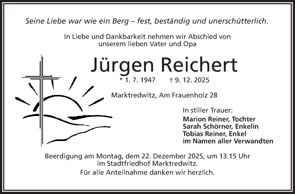  Traueranzeige für Jürgen Reichert vom 18.12.2025 aus Frankenpost