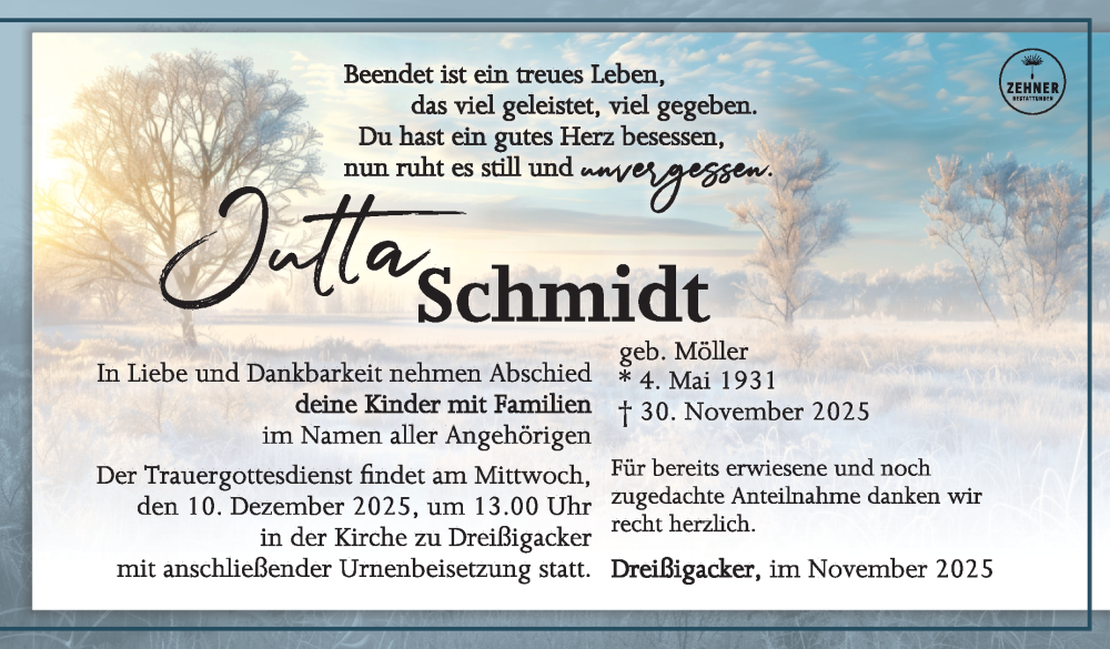  Traueranzeige für Jutta Schmidt vom 05.12.2025 aus Südthüringer Presse