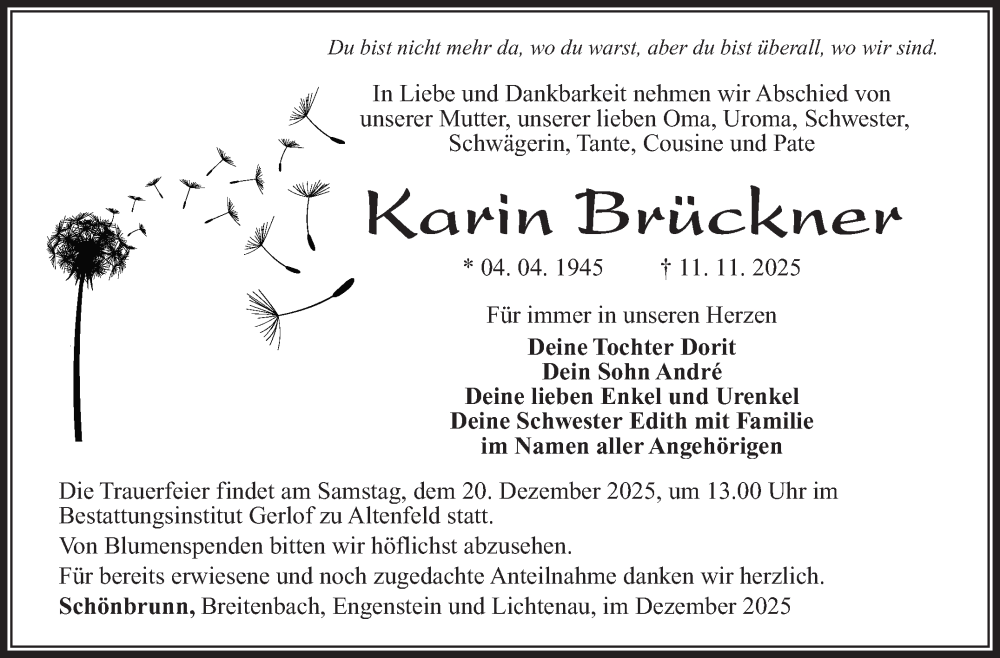  Traueranzeige für Karin Brückner vom 06.12.2025 aus Südthüringer Presse