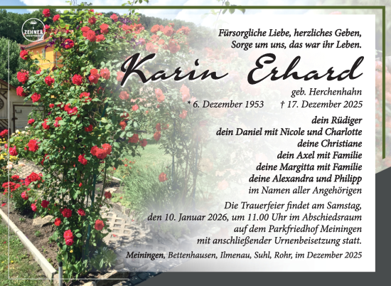 Traueranzeige von Karin Erhard von Südthüringer Presse
