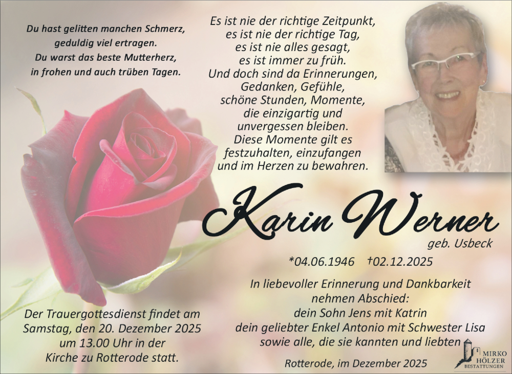 Traueranzeige für Karin Werner vom 13.12.2025 aus Südthüringer Presse