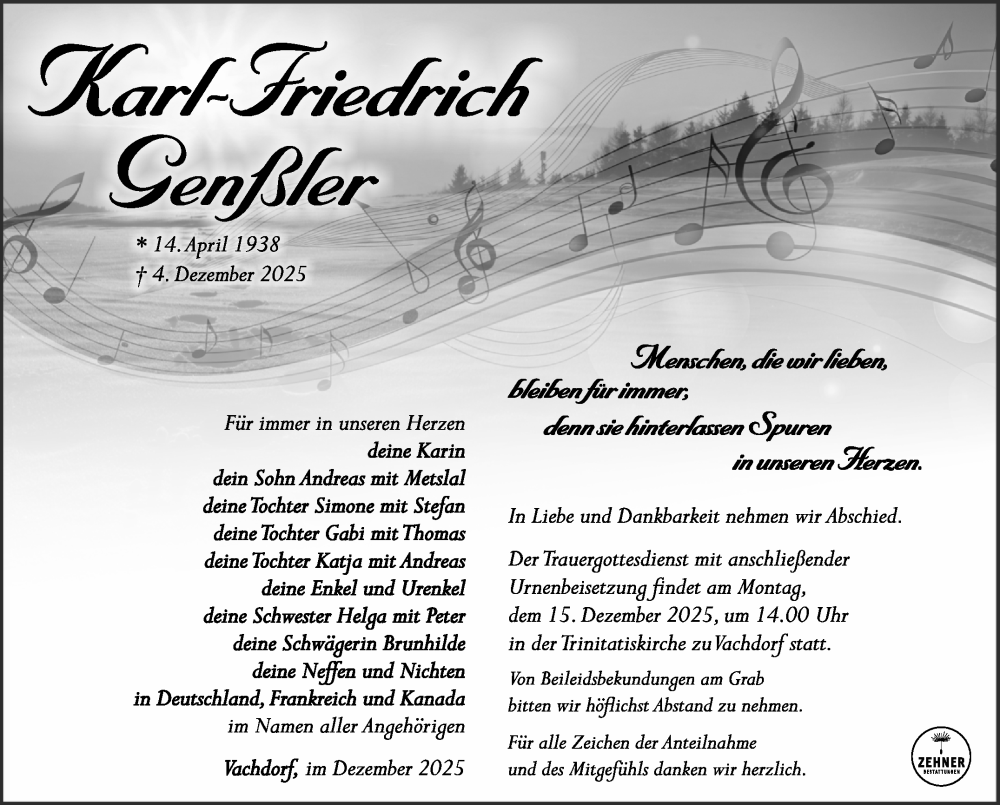  Traueranzeige für Karl-Friedrich Genßler vom 13.12.2025 aus Südthüringer Presse