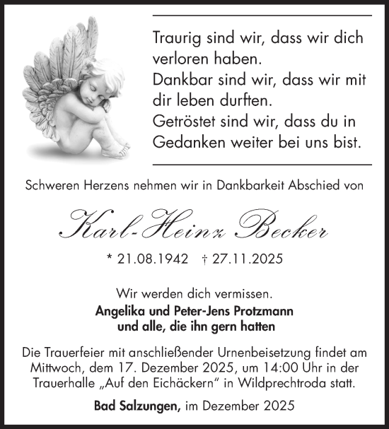 Traueranzeige von Karl-Heinz Becker von Südthüringer Presse