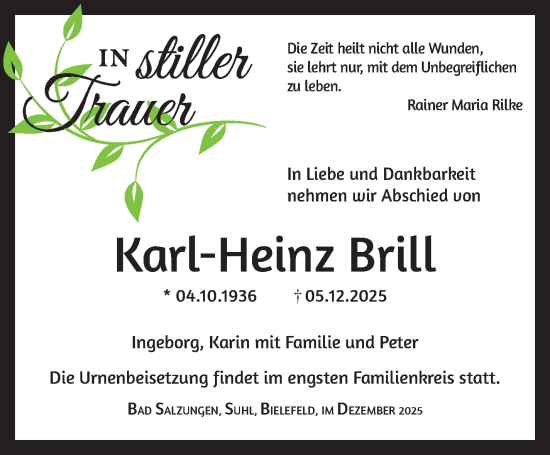 Traueranzeige von Karl-Heinz Brill von Südthüringer Presse