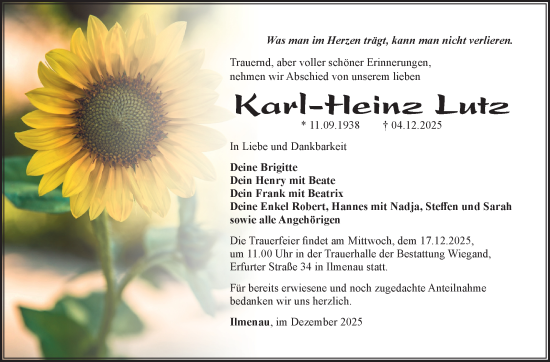 Traueranzeige von Karl-Heinz Lutz von Südthüringer Presse