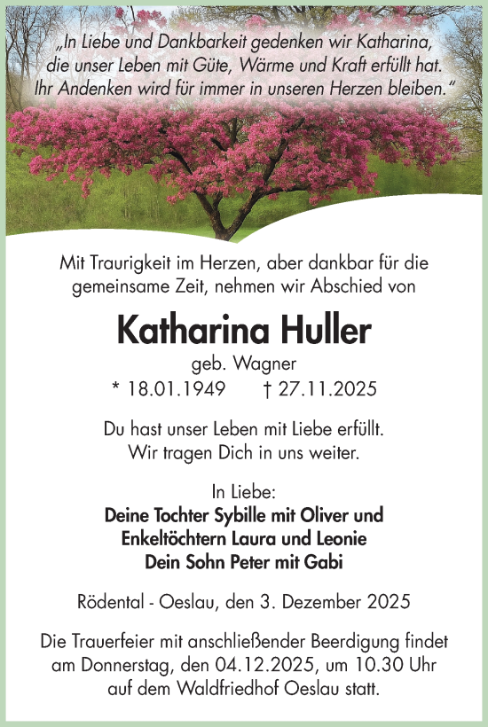 Traueranzeige von Katharina Huller von Neue Presse Coburg