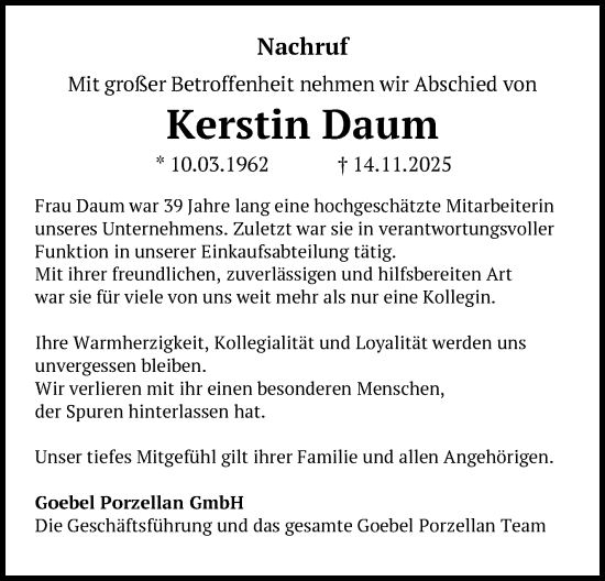 Traueranzeige von Kerstin Daum von Neue Presse Coburg