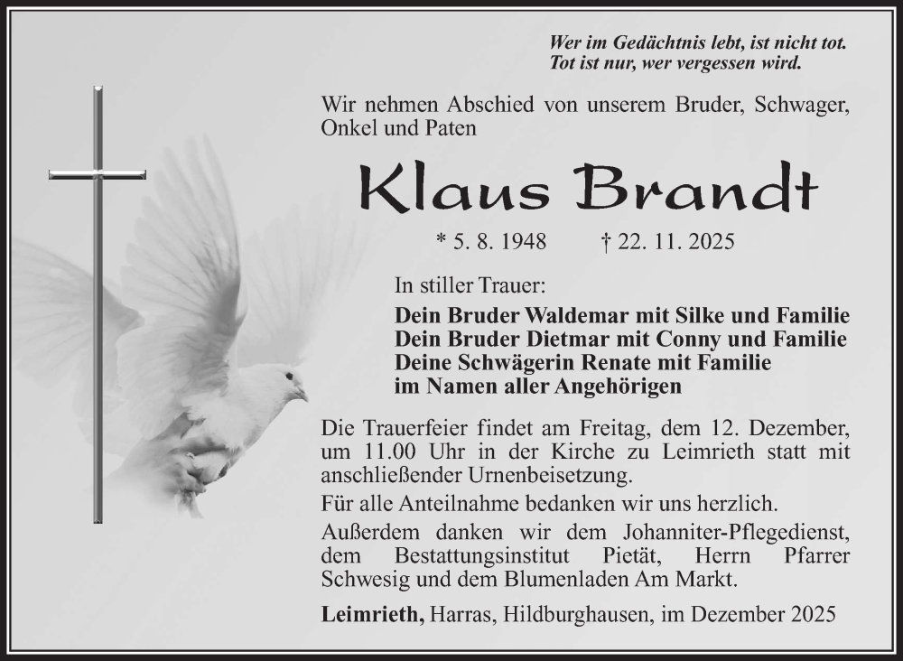  Traueranzeige für Klaus Brandt vom 05.12.2025 aus Südthüringer Presse