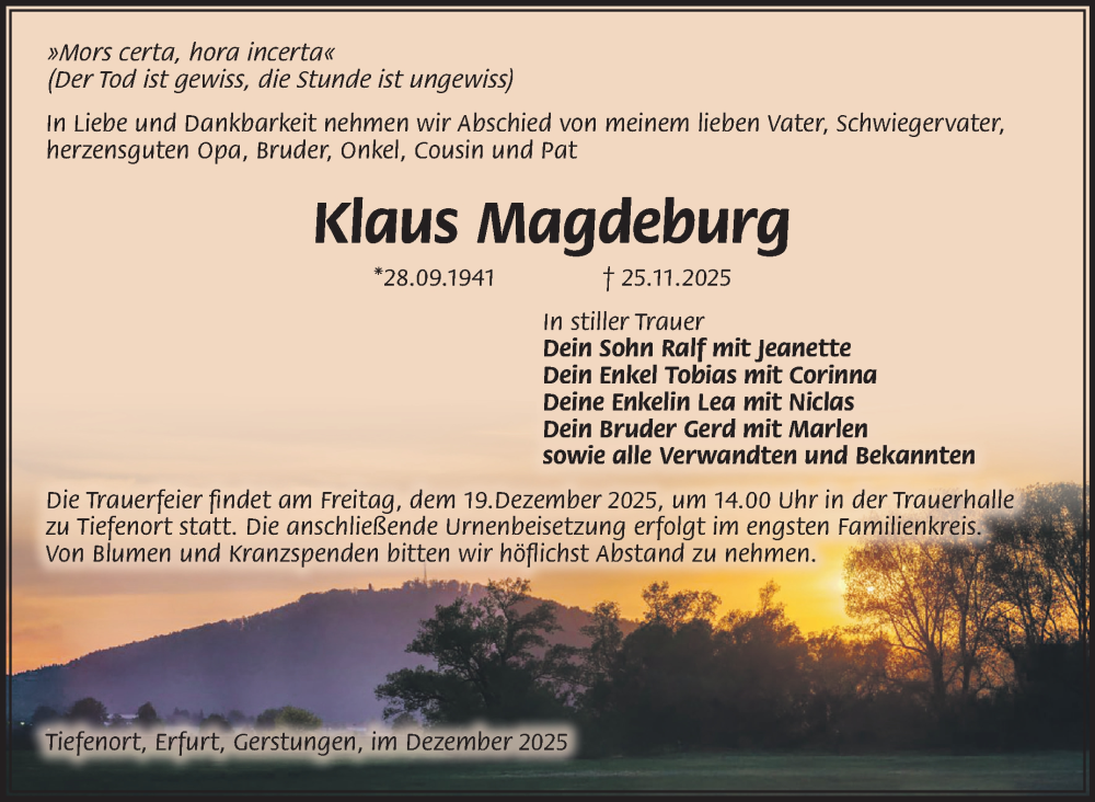  Traueranzeige für Klaus Magdeburg vom 13.12.2025 aus Südthüringer Presse