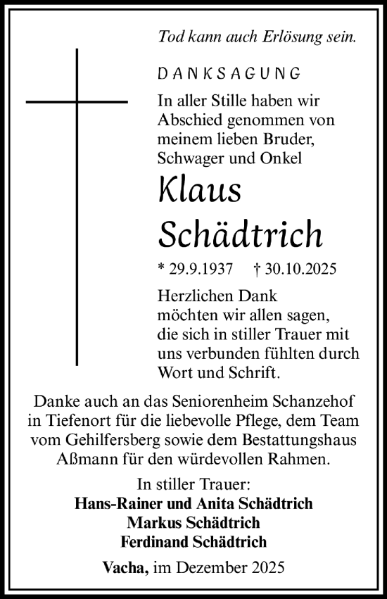 Traueranzeige von Klaus Schädtrich von Südthüringer Presse