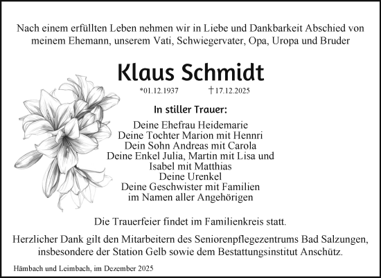 Traueranzeige von Klaus Schmidt von Südthüringer Presse